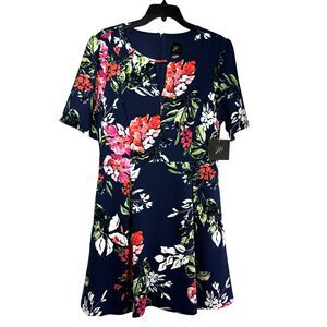 Jessica Howard JH Dress Women's 14 Navy Blue Midi Floral 3/4 Sleeve Keyhole NWT